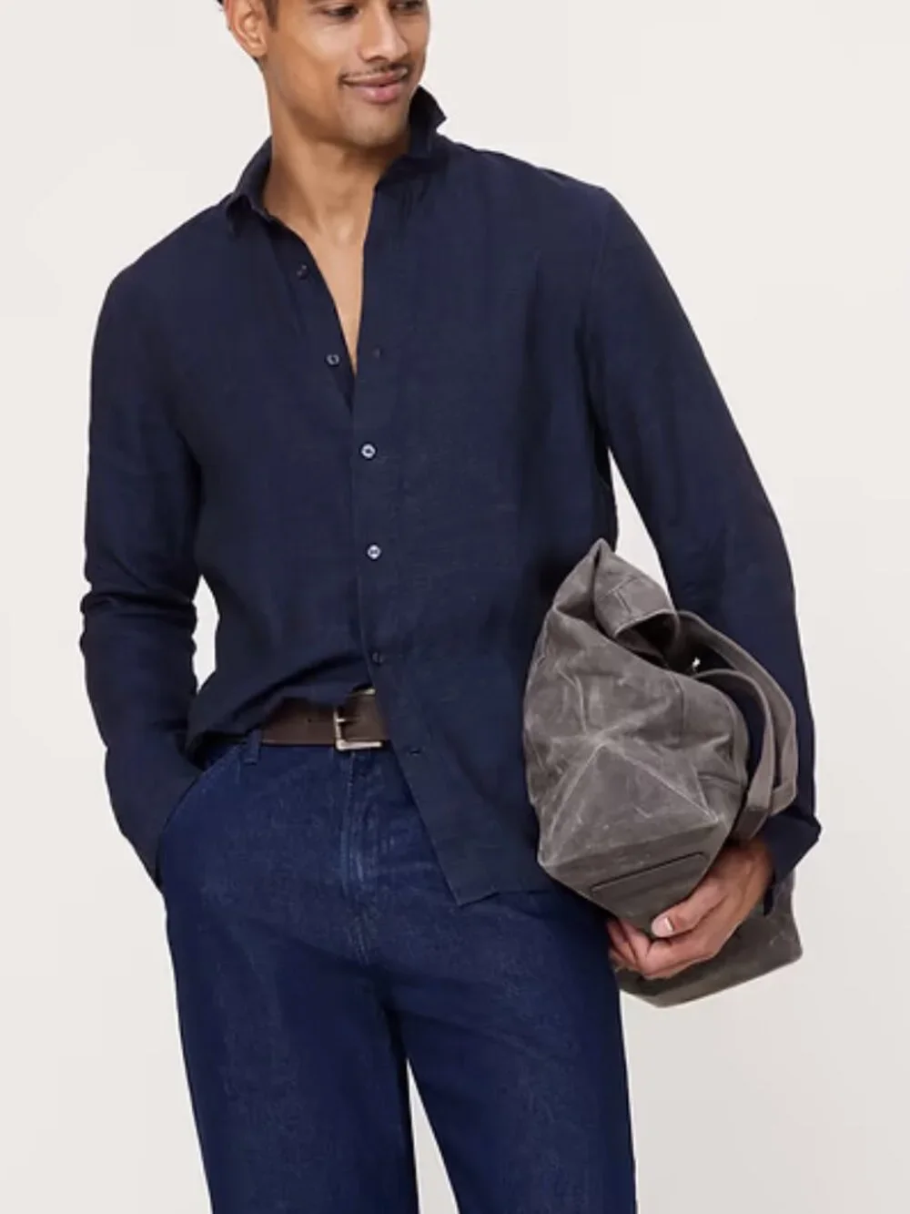 NWT! Banana Republic Men's Navy Blue 100% Euro Linen Standard-Fit Shirt L